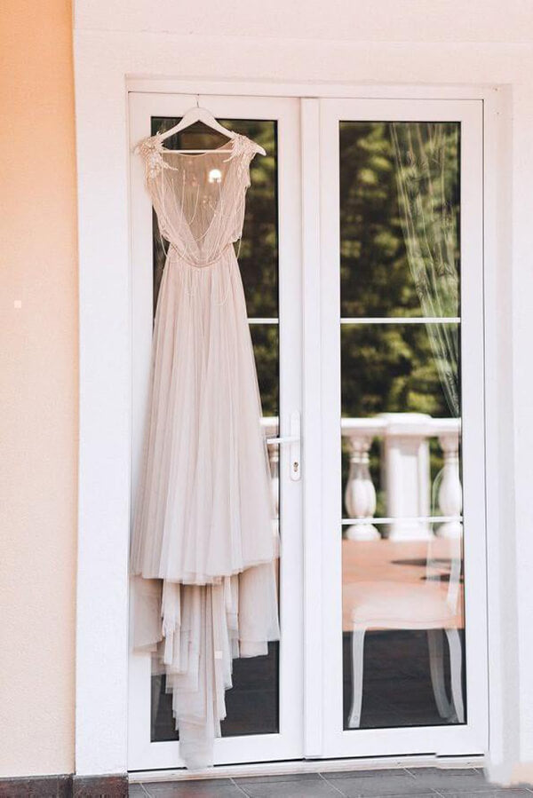 Silver Tulle Rustic Cap Sleeves Boho Wedding Dress MW677 | Musebridals Silver Tulle Rustic Cap Sleeves Boho Wedding Dress MW677 | Musebridals