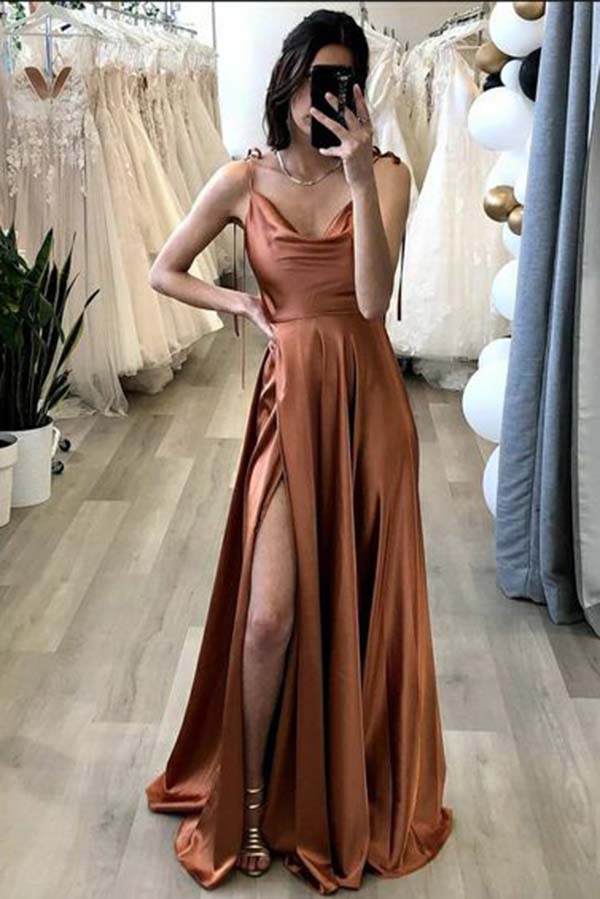 Simple A-line Spaghetti Straps Long Prom Dress With Slit, Evening Gown, MP696 | brown prom dresses | a line prom dresses | vintage prom dresses | party dresses | www.musebridals.com