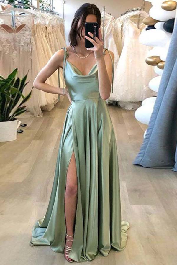 Simple A-line Spaghetti Straps Long Prom Dress With Slit, Evening Gown, MP696 | sage prom dresses | evening gown | cheap long prom dresses | www.musebridals.com