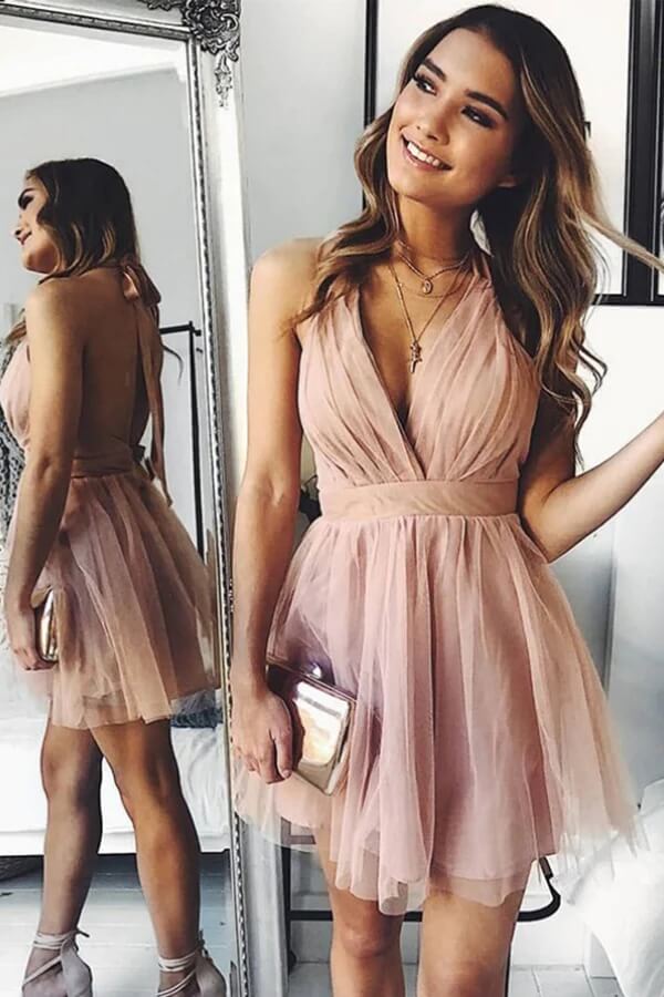  Simple Blush A-line Halter Backless Homecoming Dresses, Short Party Dresses, MH567 | pink homecoming dresses | simple homecoming dresses | cheap homecoming dresses | musebridals.com