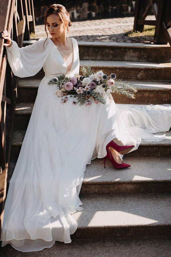 Chiffon A-line Puffy Sleeves Beach Wedding Dress MW644