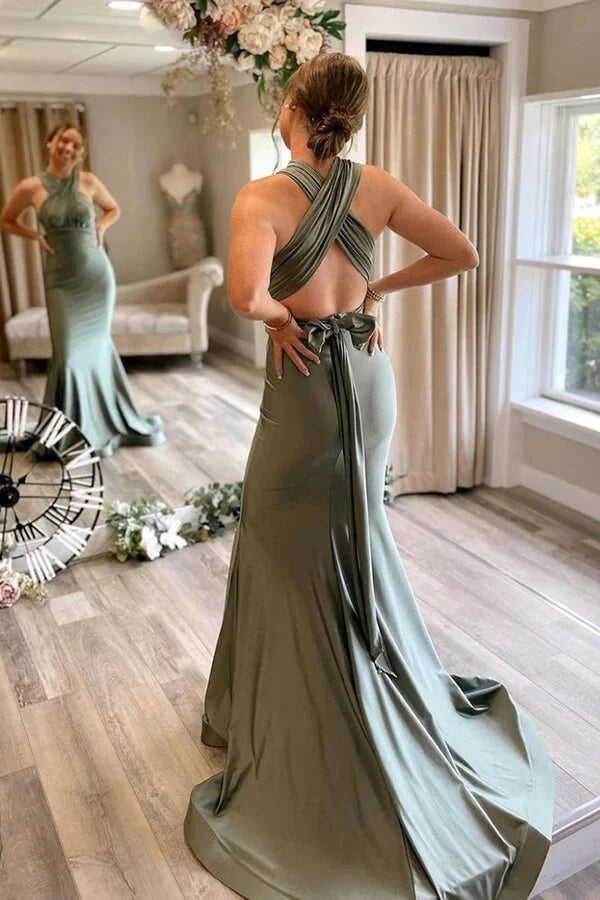 Simple Gray Green Mermaid Satin Long Bridesmaid Dresses With Train, MBD170​ | budget bridesmaid dresses | wedding party dresses | bridesmaid dresses online | musebridals.com