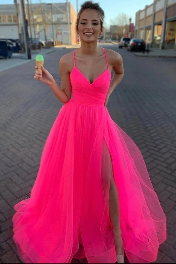 Simple Hot Pink Tulle A-line Prom dresses With Slit, Long Formal Dress, MP745 | pink prom dresses | long prom dress | evening dresses | musebridals.com