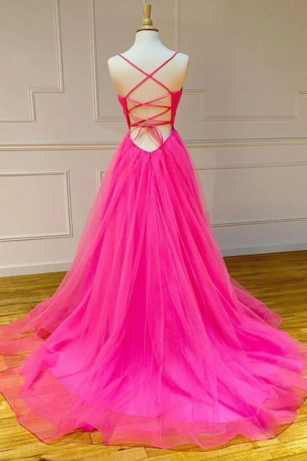Simple Hot Pink Tulle A-line Prom dresses With Slit, Long Formal Dress, MP745 | prom dress online | party dresses | evening gown | musebridals.com