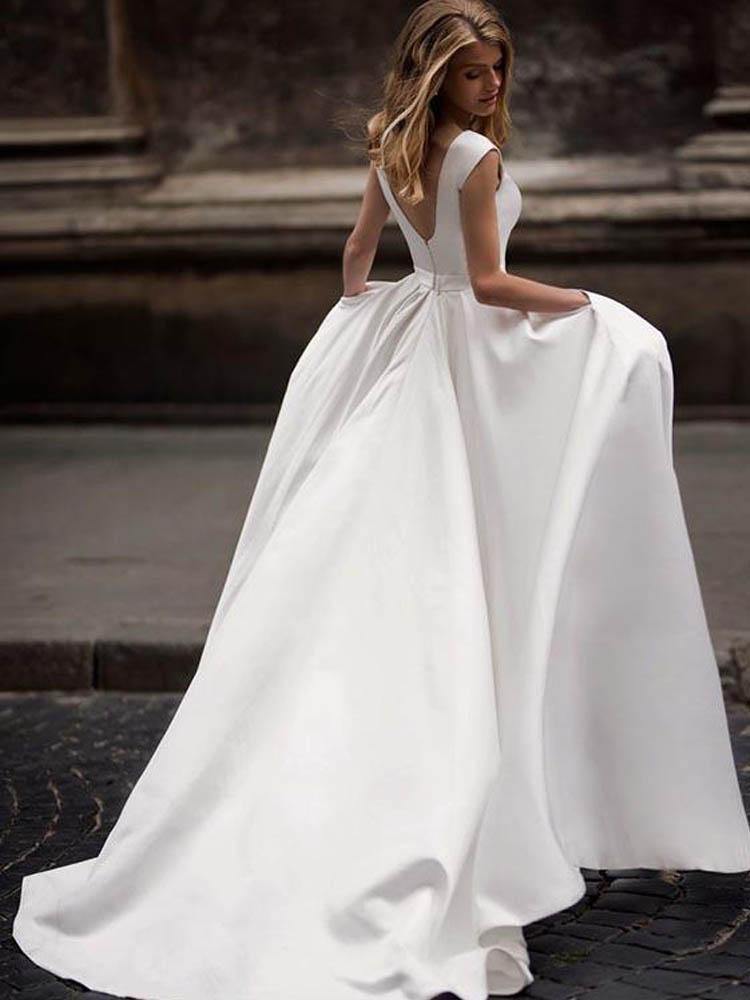 Simple Ivory Satin Vintage A-line Princess Wedding Dresses With Pockets, MW698 | simple wedding dresses | beach wedding dress | cheap wedding dresses online | www.musebridals.com