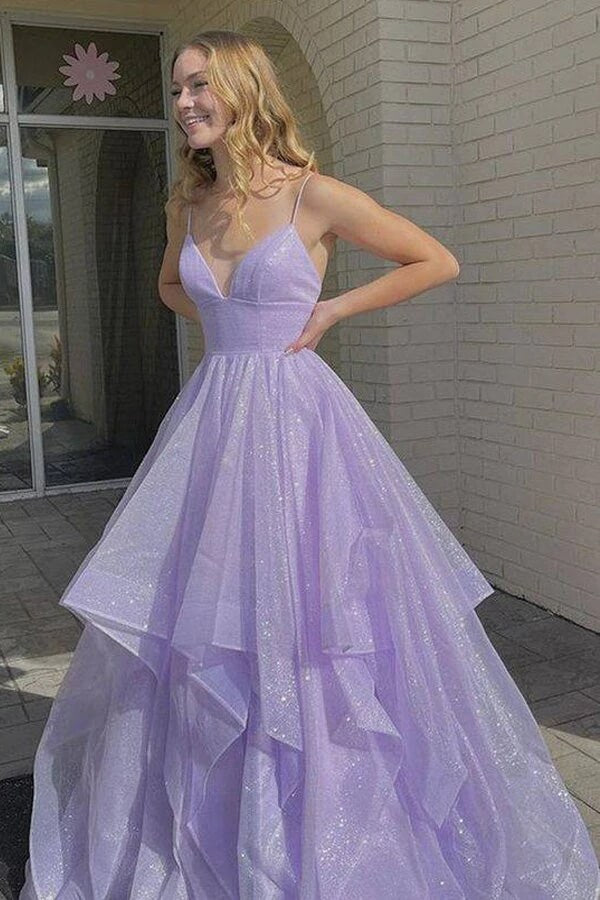 lilac tulle dress Sparkle Corset Gown With Floral Appliqu beading in lilac or royal blue Lilac Tulle Tiered Spaghetti Strap