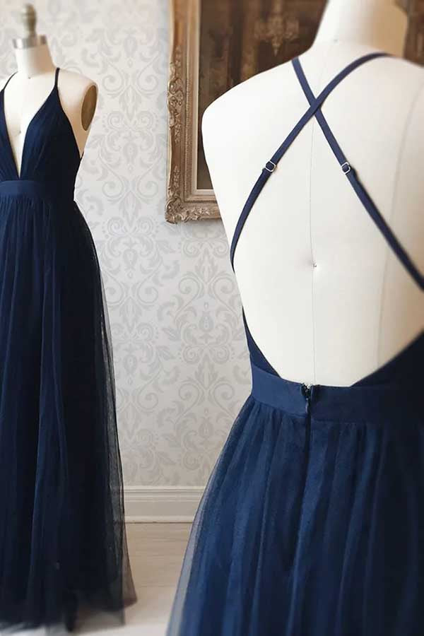 ​Simple Navy Blue Tulle A-line V-neck Backless Long Bridesmaid Dresses, MBD167 |junior bridesmaid dresses | maid of honor dresses | wedding party dresses | www.musebridals.com