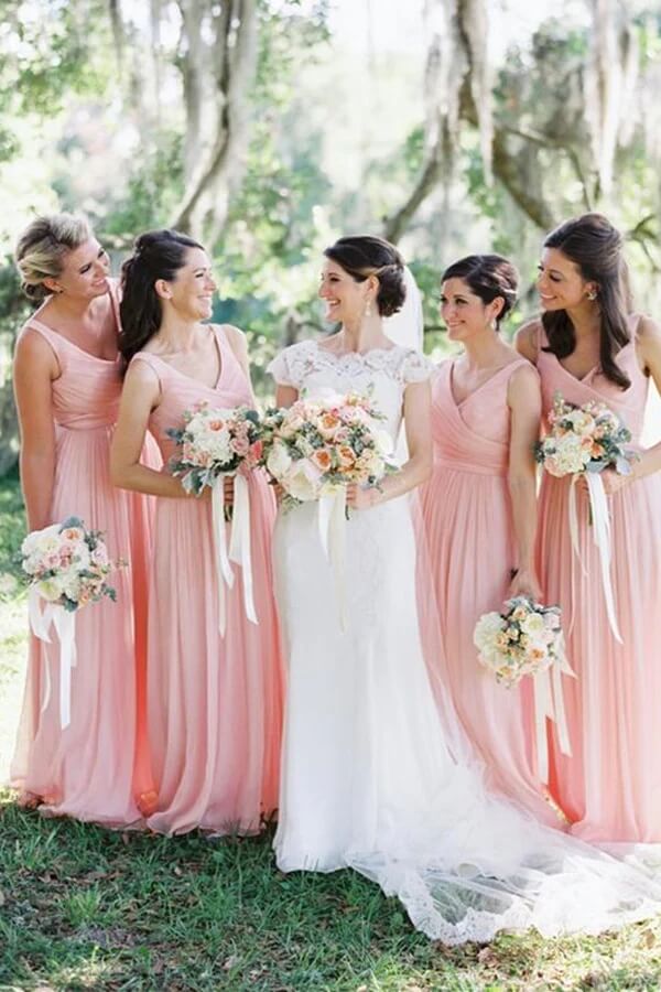 Simple Pink Chiffon A-line V-neck Floor Length Cheap Bridesmaid Dresses, MBD172 | simple bridesmaid dresses | a line bridesmaid dresses | wedding party dresses | musebridals.com
