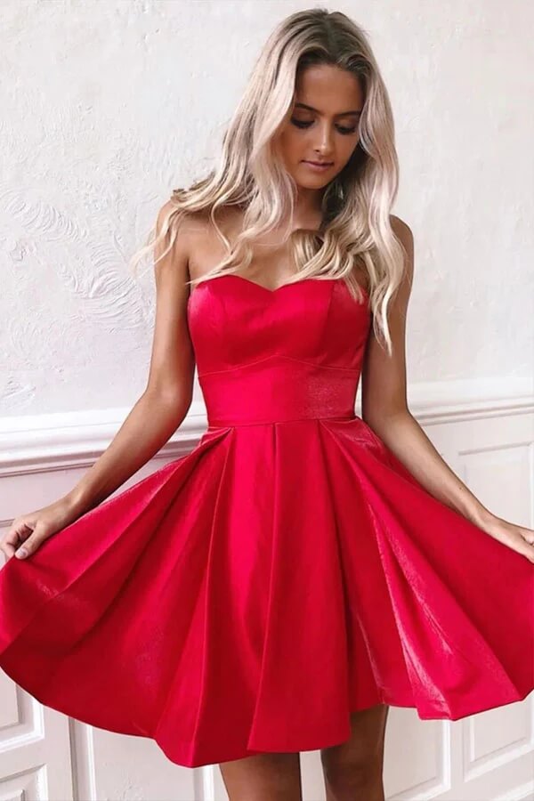 Simple Red Satin Strapless Sweetheart A-line Short Homecoming Dresses, MH571 | cheap homecoming dresses | red homecoming dress | simple homecoming dress | musebridals.com