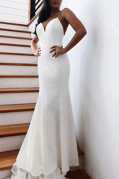 faille mermaid wedding dress with bow back Mermaid V-neck Spaghetti Straps Wedding Dresses MW691