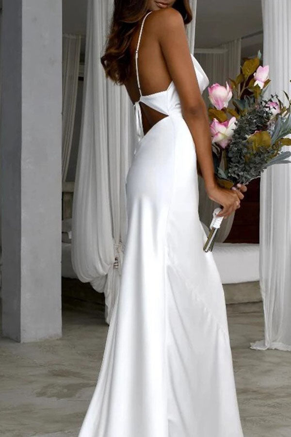 Simple Silk Satin Mermaid Backless Spaghetti Straps Wedding Dresses, MW602 | mermaid wedding dress | cheap wedding dresses online | bridal outfit | bridal gowns | www.musebridals.com