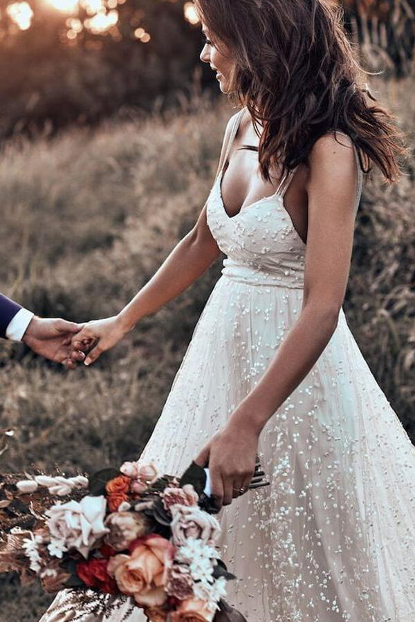 Simple Tulle A-line V-neck Backless Spaghetti Starps Wedding Dresses, MW568 | beach wedding dresses | cheap wedding dresses | bridal dresses | simple wedding dresses | www.musebridals.com