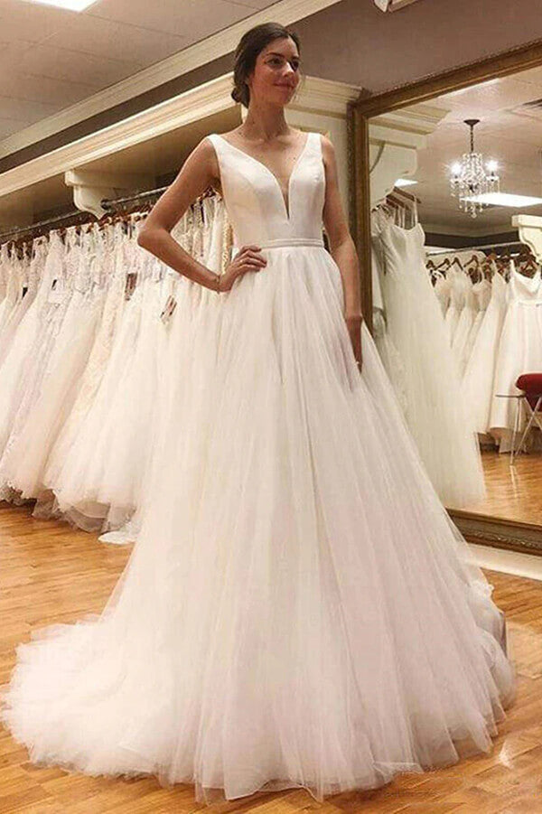 Simple Tulle A-line V-neck Open Back Wedding Dresses, Wedding Gowns, MW765