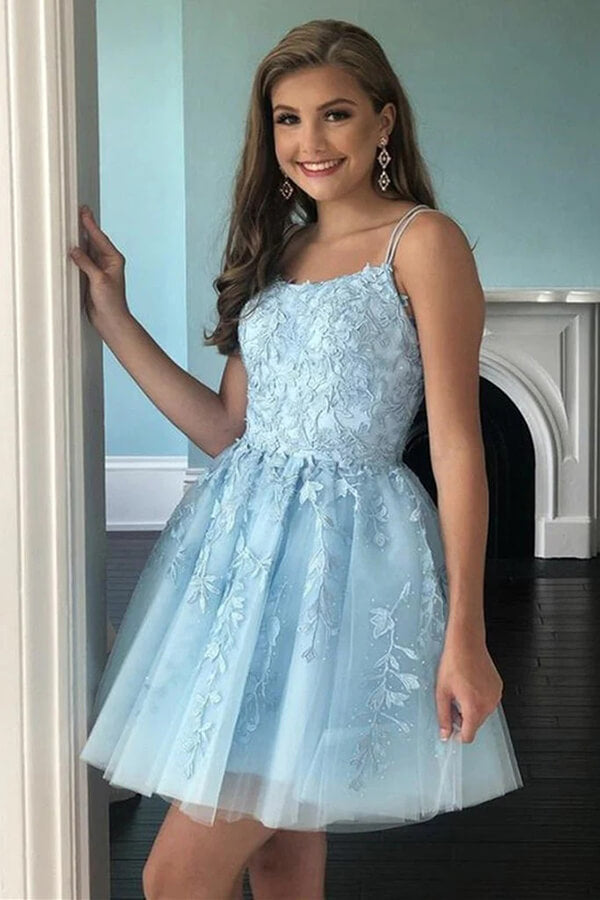 Sky Blue A-line Spaghetti Straps Lace Appliqued Short Homecoming Dress, MH546 | dress for homecoming | homecoming outfits | cheap homecoming dresses | www.musebridals.com