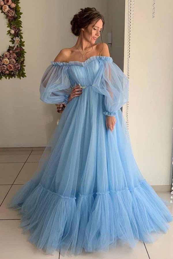Sky Blue A-line Tulle Off-the-Shoulder Prom Dresses, Long Formal Dress, MP695 | blue prom dresses | cheap long prom dress | tulle prom dresses | www.musebridals.com