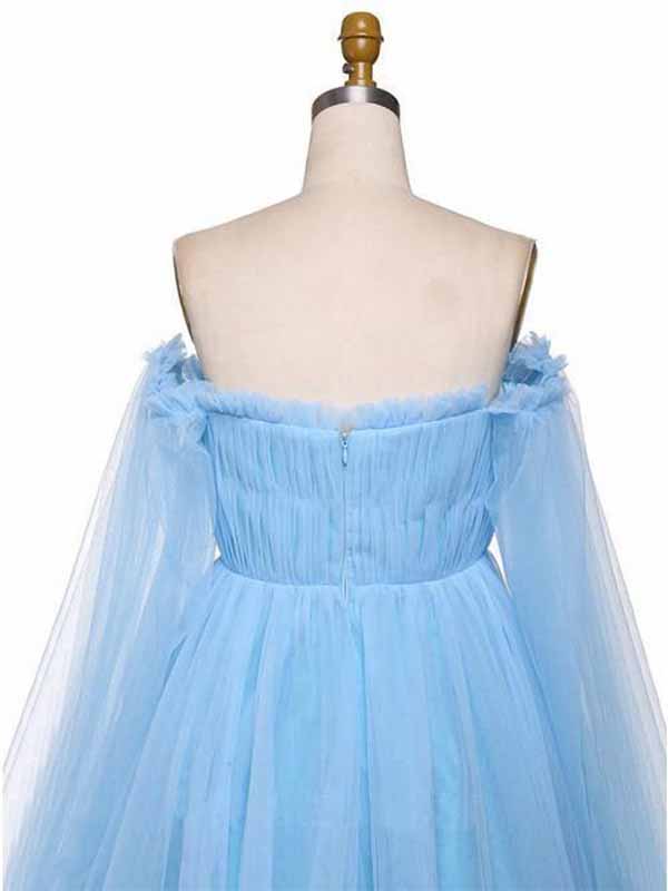 Sky Blue A-line Tulle Off-the-Shoulder Prom Dresses, Long Formal Dress, MP695 | long sleeves prom dresses | evening gowns | party dresses | www.musebridals.com