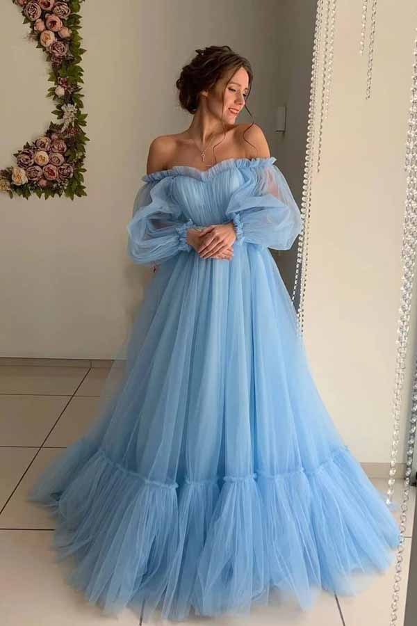 Sky Blue A-line Tulle Off-the-Shoulder Prom Dresses, Long Formal Dress, MP695 | a line prom dresses | evening gown | long formal dresses | www.musebridals.com