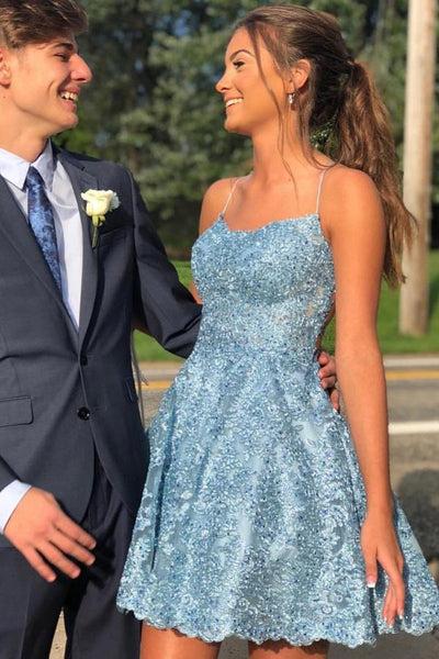 Sky Blue Spaghetti Straps A-line Lace Backless Short Homecoming Dresses, MH516 Sky Blue Spaghetti Straps A-line Lace Backless Short Homecoming Dresses, MH516