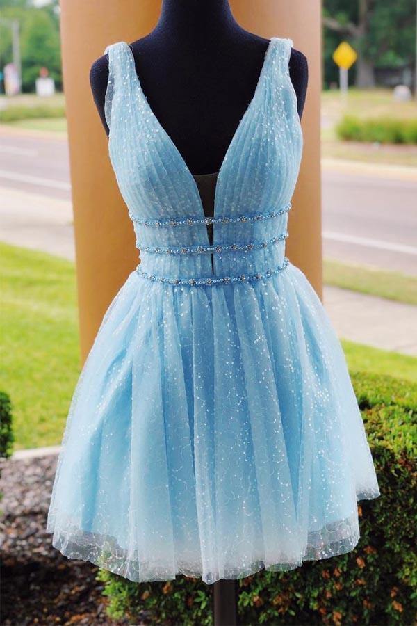 Sparkle Sky Blue Backless Beaded Homecoming Dresses, Graduation Dress, MH527 | homecoming dresses | cheap homecoming dresses | sky blue homecoming dress | short party dresses | www.musebridals.com