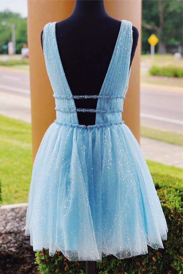 Sparkle Sky Blue Backless Beaded Homecoming Dresses, Graduation Dress, MH527 | blue homecoming dresses | sparkly homecoming dresses | short prom dresses | www.musebridals.com