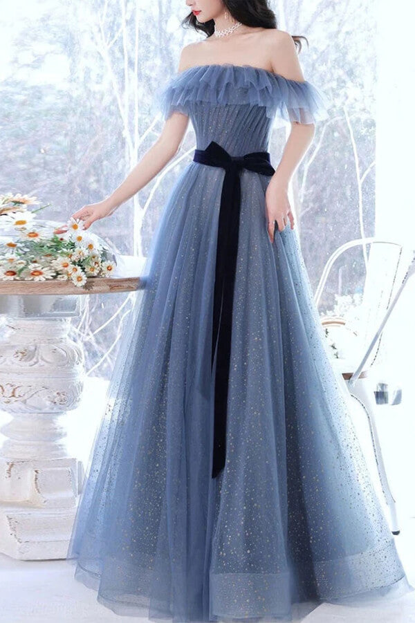 Sparkly Gray Blue A-line Off Shoulder Prom Dresses MP716 | Musebridals Sparkly Gray Blue A-line Off Shoulder Prom Dresses MP716 | Musebridals