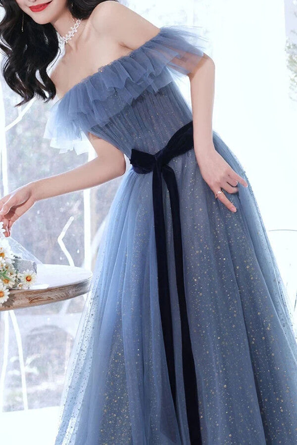 blue and gray dress tulle lace long prom dress, blue evening this sophisticated dress will be your lovely partner Spaghetti Straps A Line Grey