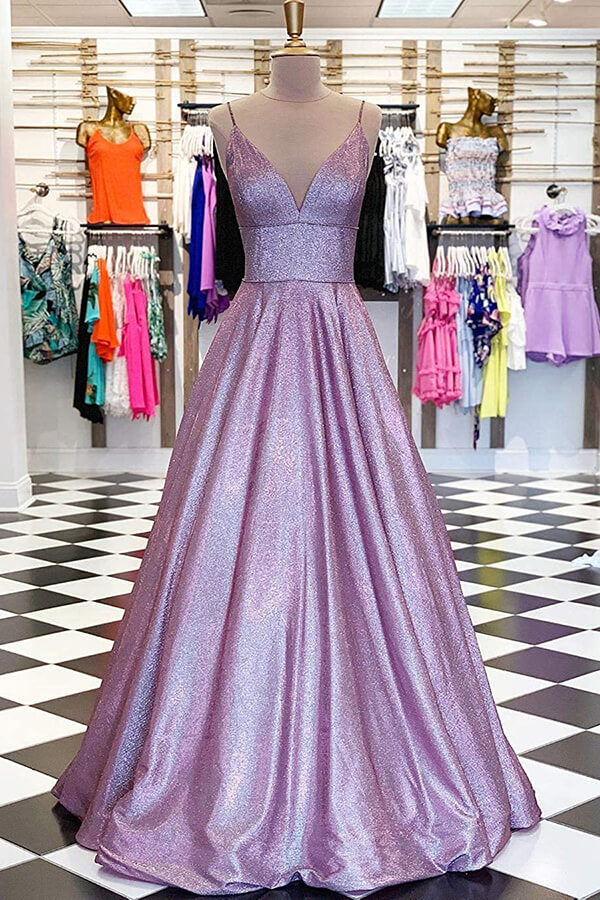 Sparkly Lavender A-line V-neck Spaghetti Straps Prom Dresses, Evening Dress, MP634 | a line prom dress | v neck prom dress | cheap prom dresses | www.musebridals.com