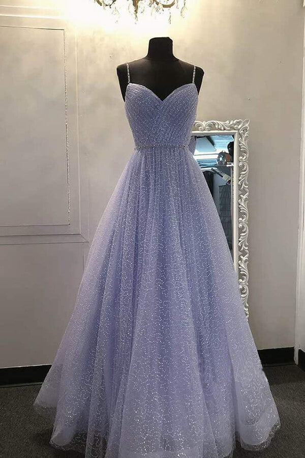 Sparkly Lilac Tulle A-line V Neckline Prom Dresses, Evening Dresses, MP721 | cheap long prom dresses | shiny prom dresses | purple prom dress | musebridals.com