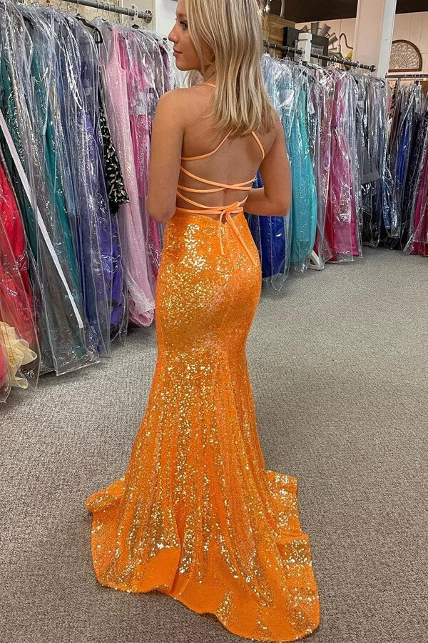 Sparkly Orange Sequins Mermaid V-neck Prom Dresses, Long Formal Dress, MP684 | sequins prom dresses | shiny prom dresses | evening gown | www.musebridals.com