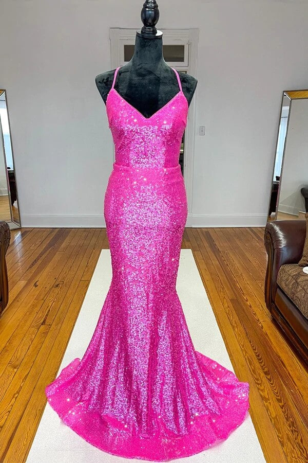 Sparkly Orange Sequins Mermaid V-neck Prom Dresses, Long Formal Dress, MP684 | pink prom dresses | mermaid evening dresses | simple prom dresses | www.musebridals.com