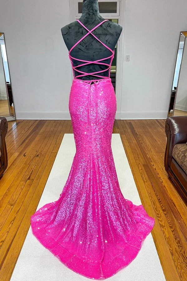 Sparkly Orange Sequins Mermaid V-neck Prom Dresses, Long Formal Dress, MP684 | sparkly prom dresses online | vintage prom dresses | evening gowns | www.musebridals.com