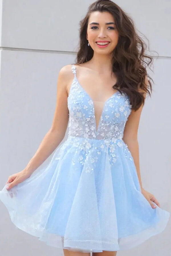 Sparkly Sky Blue Tulle A-line V-neck Homecoming Dresses With Flowers, MH547 | blue homecoming dresses | short homecoming dresses | cheap homecoming dress | musebridals.com