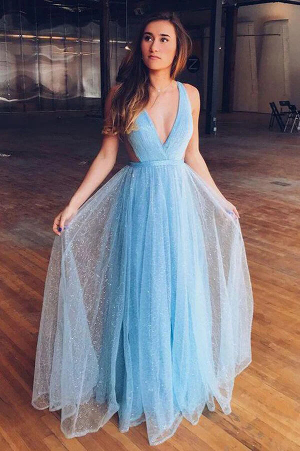 Sparkly Tulle Light Blue A-line Prom Dresses For Teens, Party Dress, MP755 | a line prom dress | blue prom dress | shiny prom dresses | musebridals.com