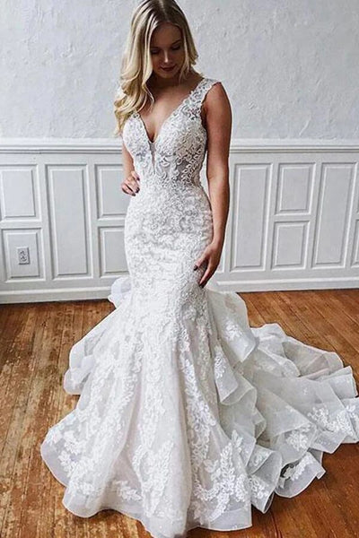 blue mermaid dress lace Fabulous Light Blue Mermaid V Neck Spaghetti Straps Lace Prom Dresses, –  Simidress
