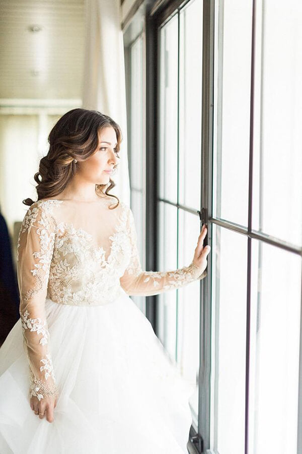 Stunning Plus Size Long Sleeves Wedding Dress with Lace Appliques, MW534 | a line wedding dress | v neck wedding dress | long sleeves wedding dress | lace wedding dress | www.musebridals.com