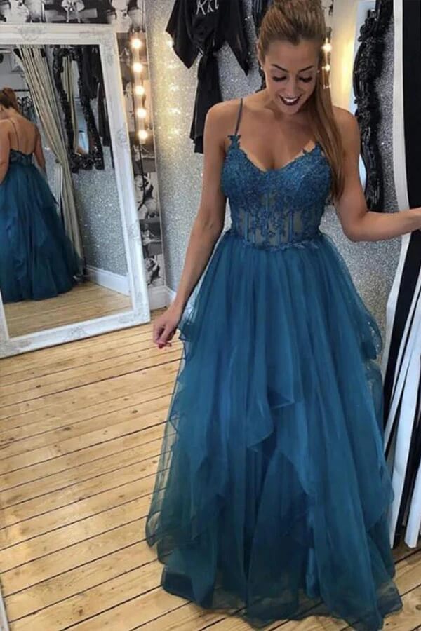 Teal Tulle A-line V-neck Spaghetti Straps Prom Dresses With Lace Appliques, MP714 | long prom dresses | evening dresses | a line prom dresses | musebridals.com