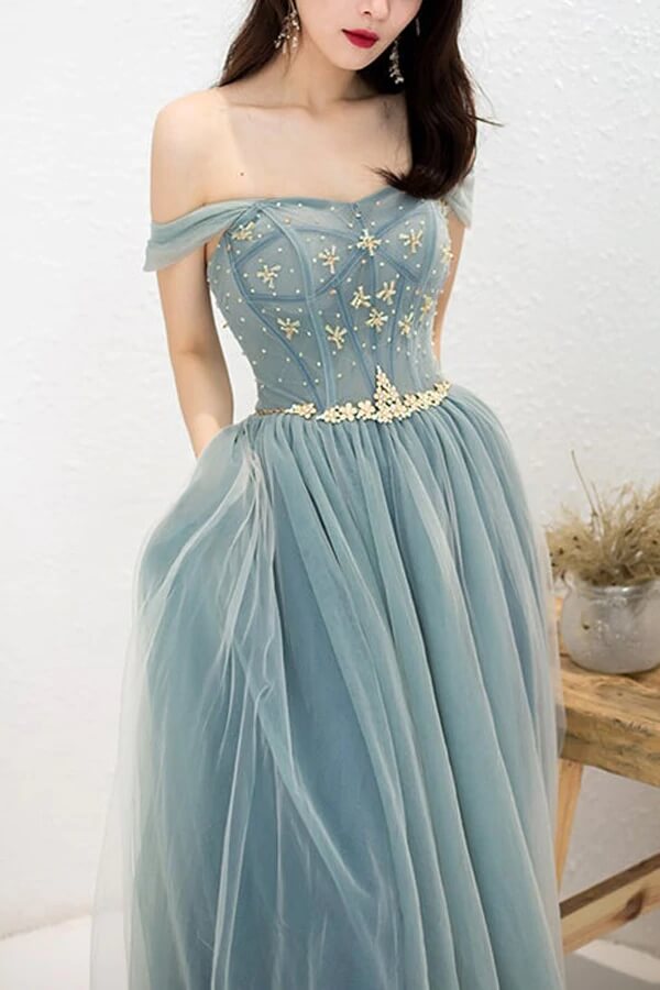 Tulle A-Line Off-the-Shoulder Beaded Prom Dresses, Long Formal Dress, MP679 | a line prom dress | blue prom dress | evening gown | www.musebridals.com