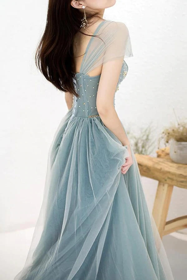 Tulle A-Line Off-the-Shoulder Beaded Prom Dresses, Long Formal Dress, MP679 | cheap prom dress | evening dress | party dresses | www.musebridals.com