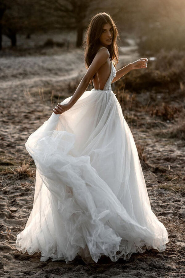 Spaghetti Tulle Wedding Dresses, V-back Wedding Dresses, A-line Bridal Gowns Spaghetti Tulle Wedding Dresses, V-back Wedding Dresses, A-line Bridal Gowns