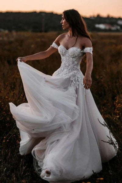 Tulle A-line Off-the-Shoulder Lace Wedding Dresses MW833