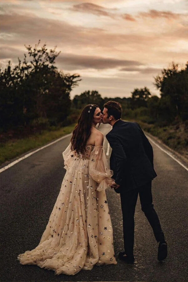Tulle A-line Puff Sleeves Sequins Wedding Dresses, MW840 | Musebridals Tulle A-line Puff Sleeves Sequins Wedding Dresses, MW840 | Musebridals