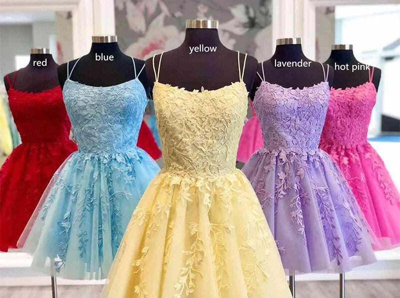 A-line Tulle Lace Appliques Homecoming Dresses, Short Prom Dress, MH564 | blue homecoming dresses | yellow homecoming dresses | red homecoming dresses | musebridals.com