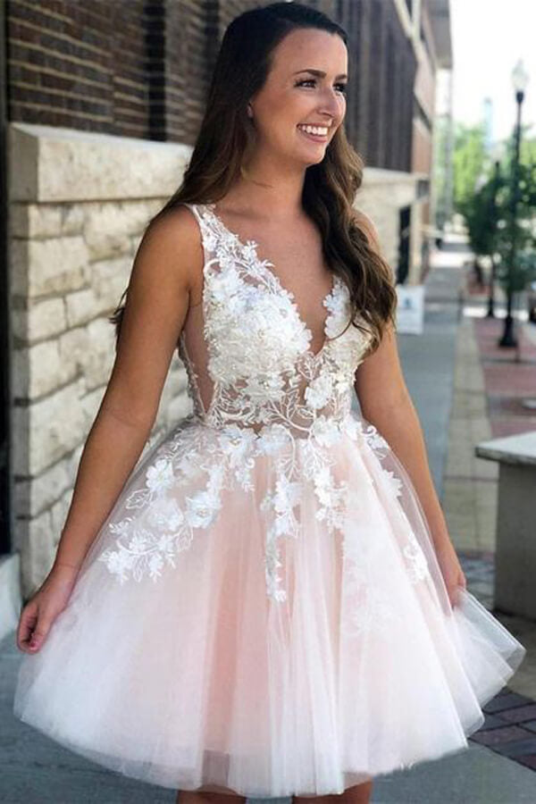 Tulle Lace A-line V-neck Short Homecoming Dresses, MH522