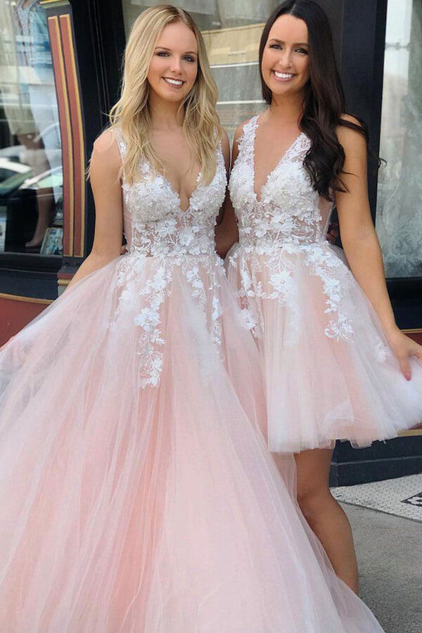 Tulle Lace A-line V-neck See Through Appliqued Short Homecoming Dresses, MH522 | pink tulle homecoming dresses | short homecoming dresses | graduation dresses | www.musebridals.com