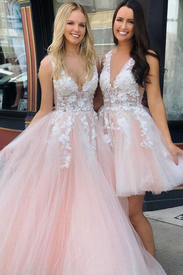 Tulle Lace A-line V-neck Short Homecoming Dresses, MH522