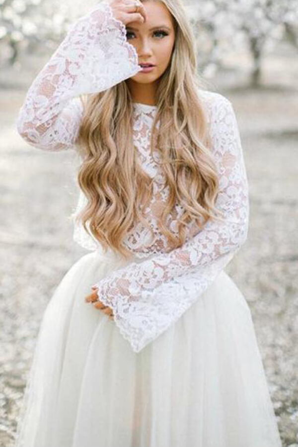 Two Piece Lace Top Long Sleeves Homecoming Dress, MH531