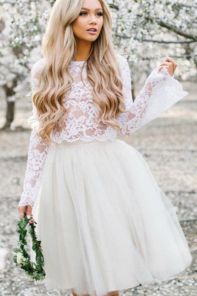 A-Line Two Piece Scoop Long Sleeves Floral Lace Homecoming Dresses with  Pockets,MH482