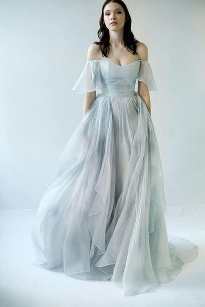 Grey Blue Chiffon Off Shoulder Wedding Dresses, MW592