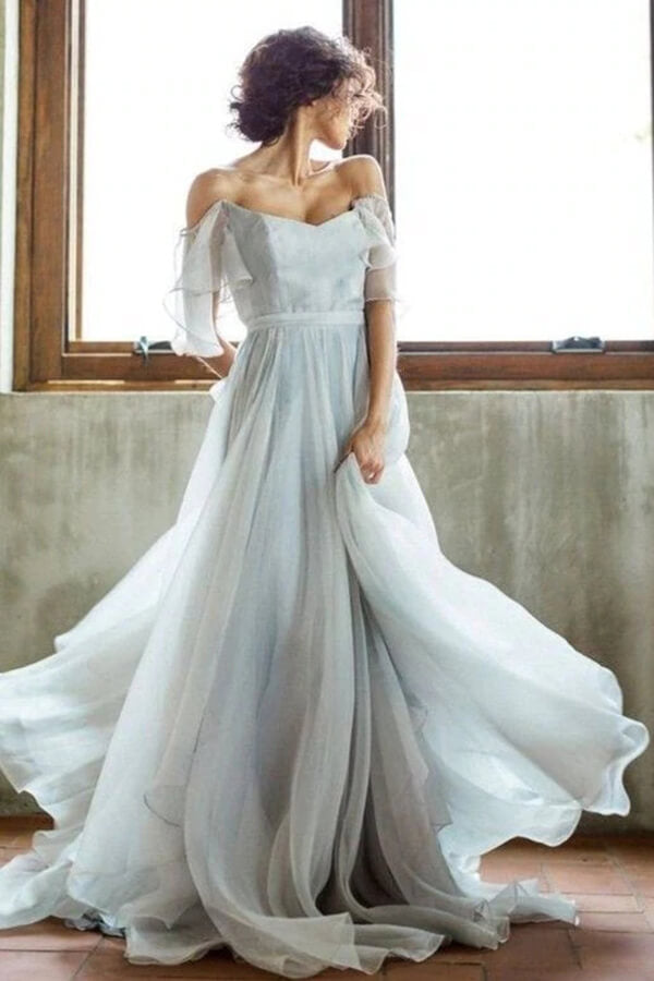 Unique Grey Chiffon A-line Off Shoulder Wedding Dress, Wedding Gown, MW712 Unique Grey Chiffon A-line Off Shoulder Wedding Dress, Wedding Gown, MW712
