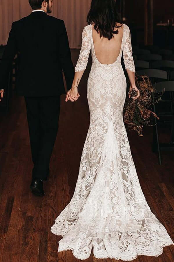 Mermaid V Neck Straps V Back Fully Lace Boho Wedding Dress WW1020